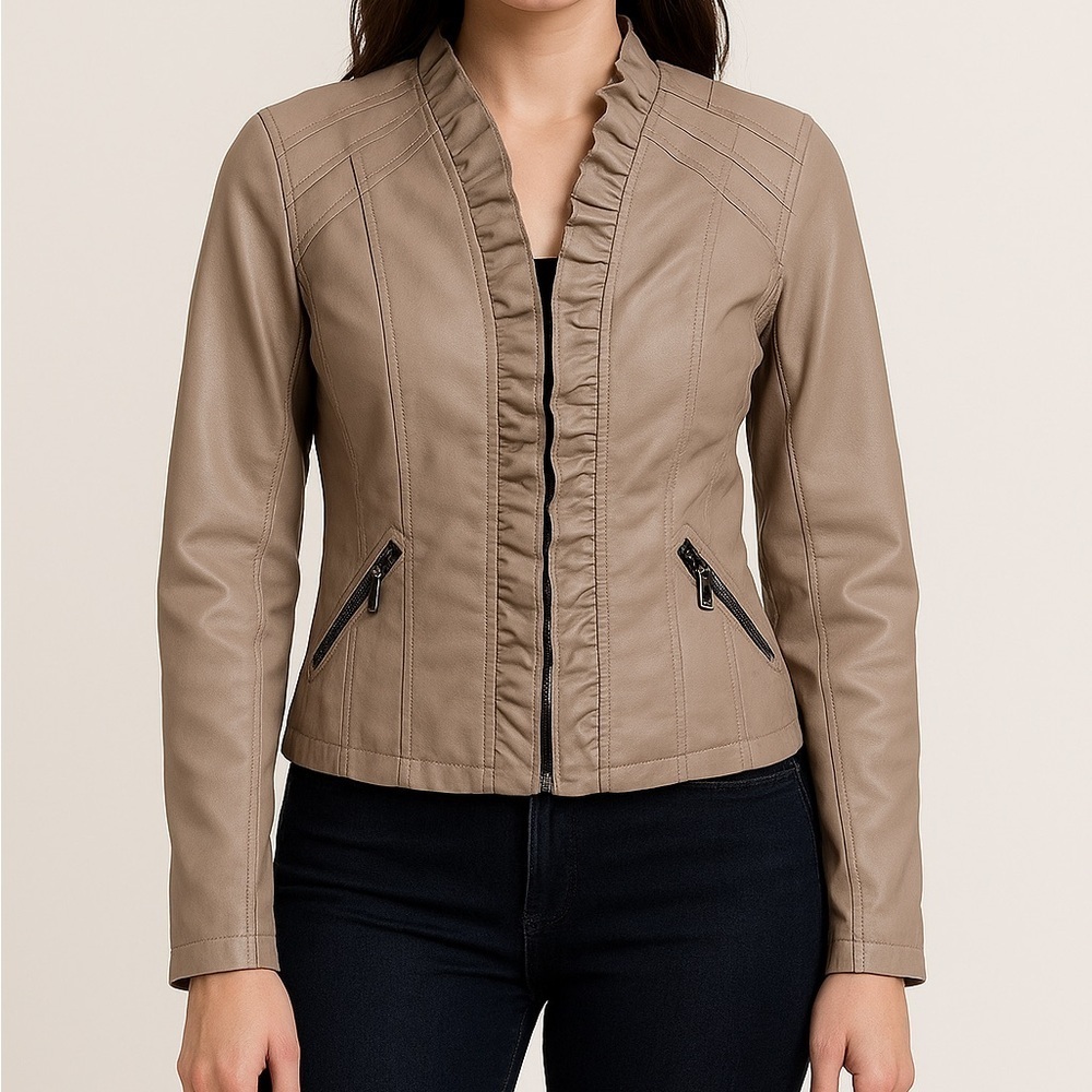 Vegan Leather Ruffled Front Tailored Moto Jacket